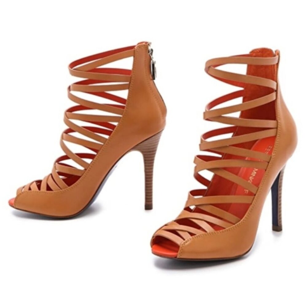 Rebecca Minkoff High Heel Size 7.5 Tan Strappy  Sandals With Back Zippers & Op